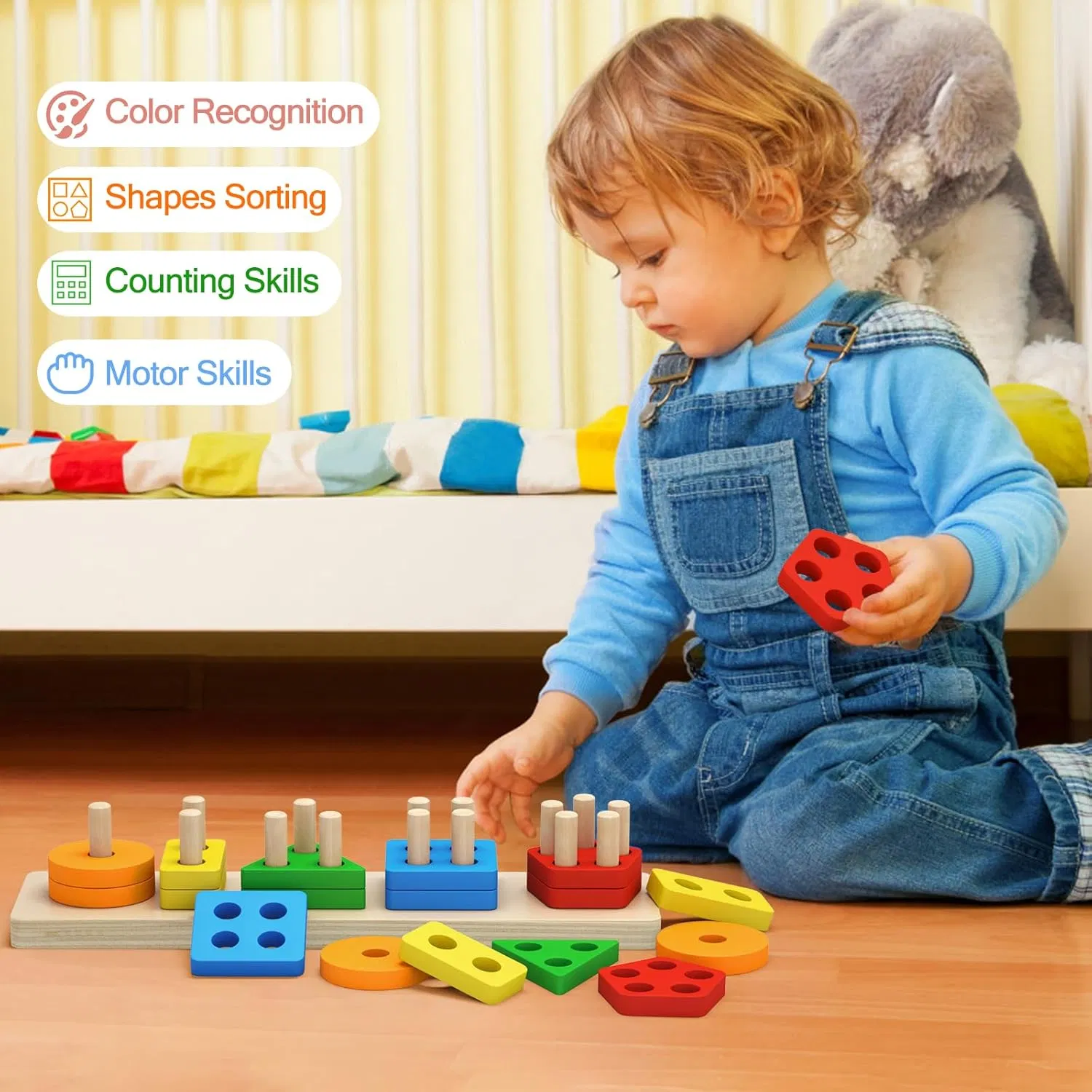 Juguetes Montessori Pebira de madera para clasificar y apilar para niños pequeños y niños en edad preescolar, juguete educativo de reconocimiento de colores y formas