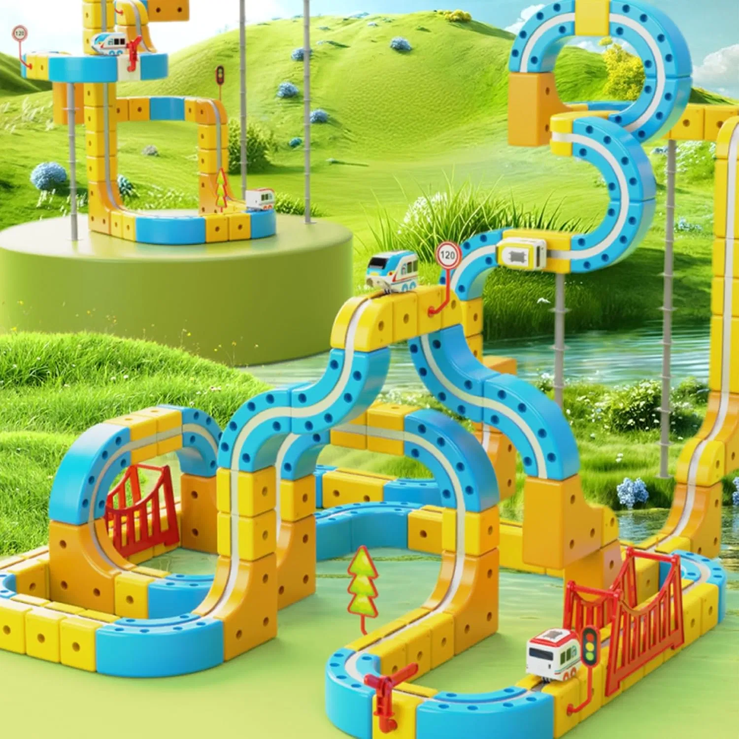 Juego de tren eléctrico con 3D pistas de carreras flexibles mágicas para niños, pista de carrera antigravedad con bloques de cubos de railes, juguete de aprendizaje STEM (96PCS) juguetes de América y Rusia