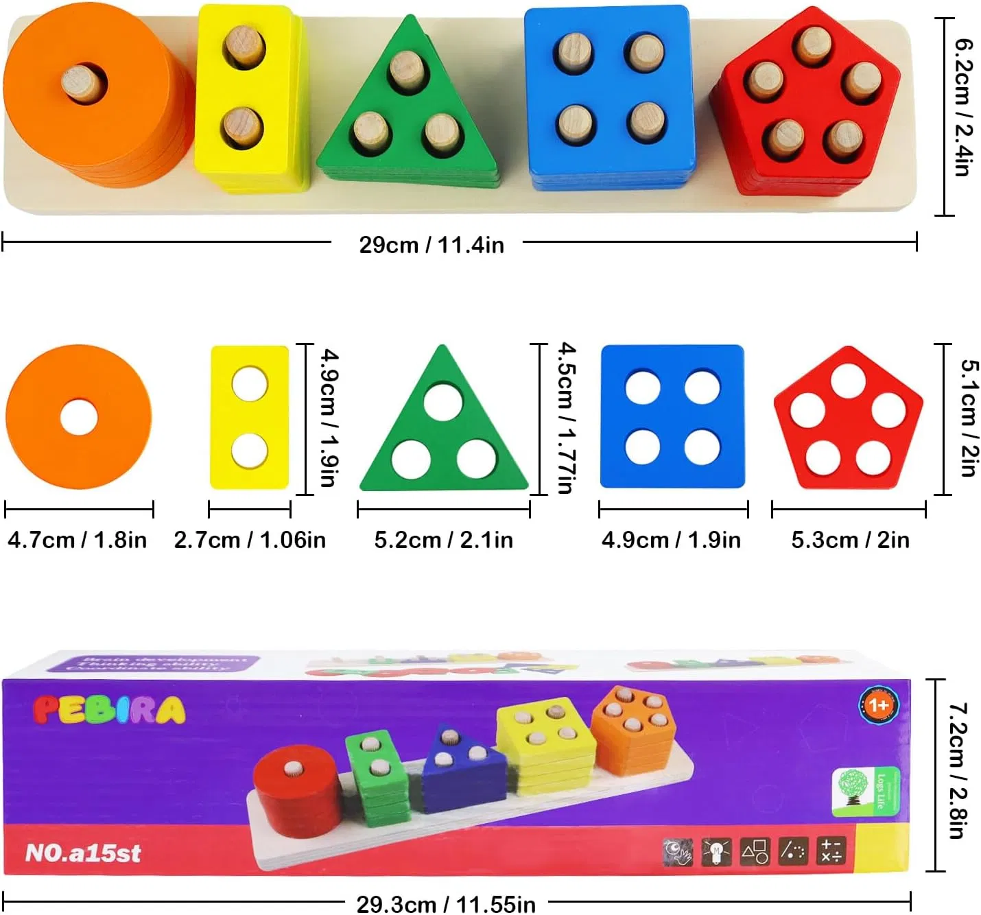 Juguetes Montessori Pebira de madera para clasificar y apilar para niños pequeños y niños en edad preescolar, juguete educativo de reconocimiento de colores y formas