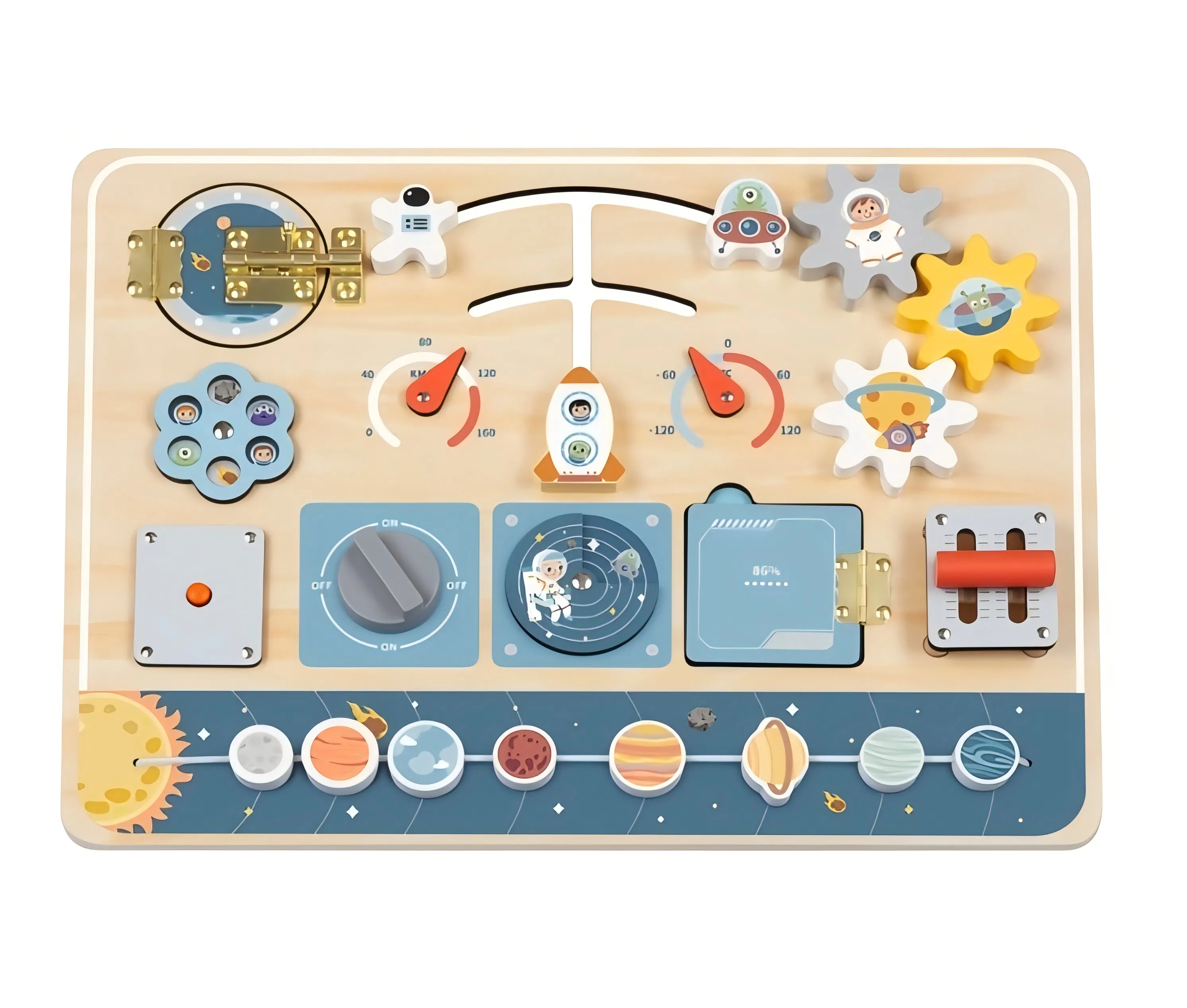 Tablero Ocupado de Madera Multifuncional Cohete Espacial Planeta Cognición Juguete Educativo Montessori