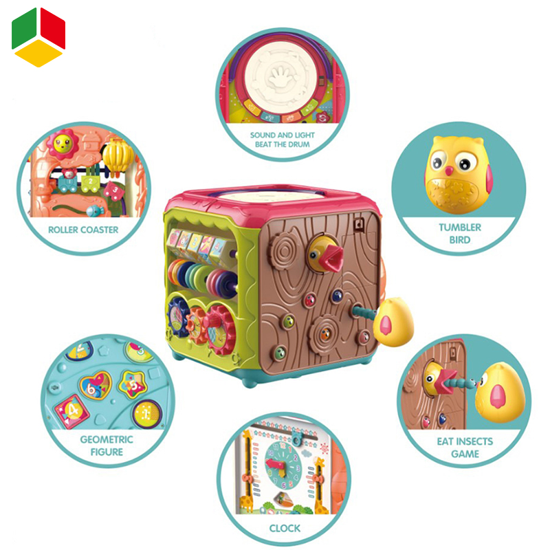 QS Amazon Venta Caliente Juguete Musical de Aprendizaje Temprano para Bebés 6 en 6 Set de Caja de Rompecabezas Mágico Eléctrico Juguete de Música Tambor de Mano Cubo de Actividad para Niños 1