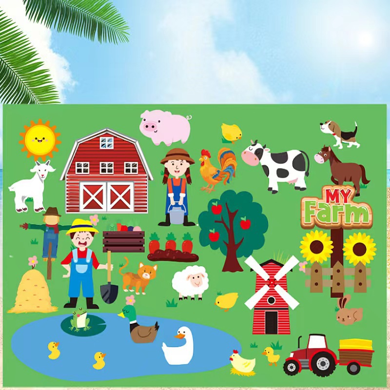 Conjunto de tablero de fieltro interactivo de aprendizaje temprano amigable para preescolares, juguetes educativos de animales de granja en el establo