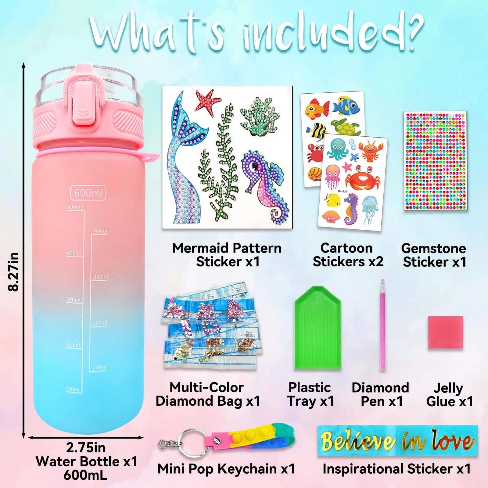 Kits de Decoración de Botellas de Agua para Pintar Sirenas con Gemas, Manualidades Divertidas y Regalos de Artes y Manualidades para Niñas en Cumpleaños