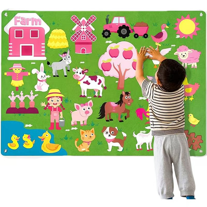 Conjunto de tablero de fieltro interactivo de aprendizaje temprano amigable para preescolares, juguetes educativos de animales de granja en el establo
