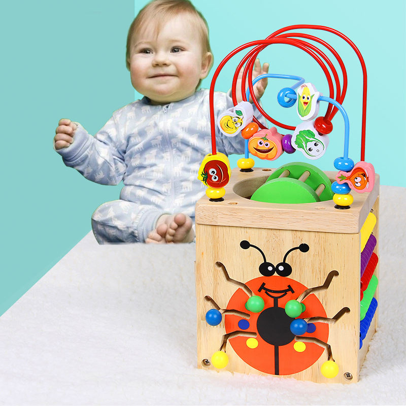 8 en 1 Juguete educativo multipropósito de laberinto de cuentas para bebés, cubo de actividades de inteligencia para preescolar, juguete de madera de formas y colores para niños