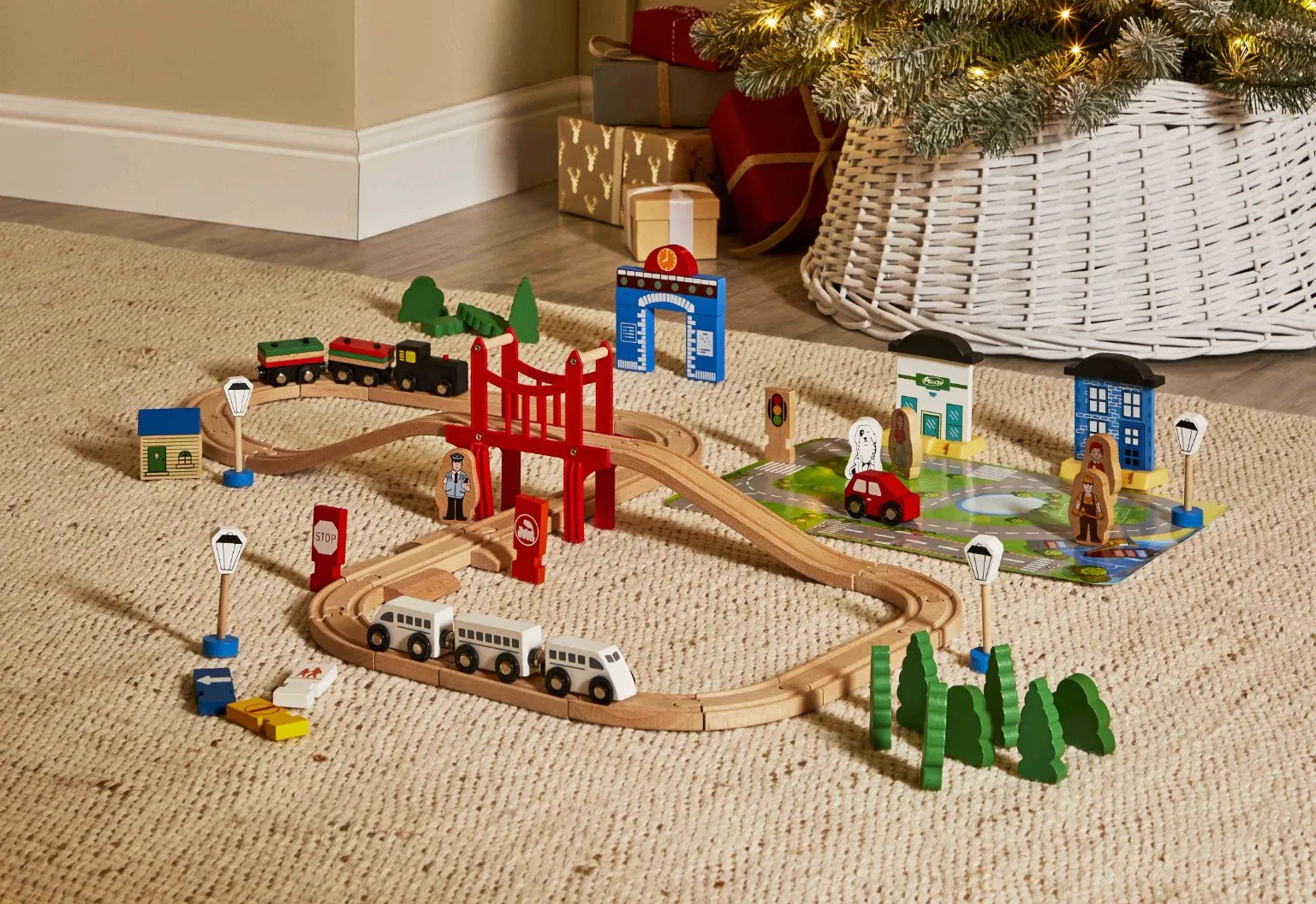 Juguete de tren de vía de madera educativa intelectual Montessori al por mayor para bebés, niños y niños, juguetes de bricolaje
