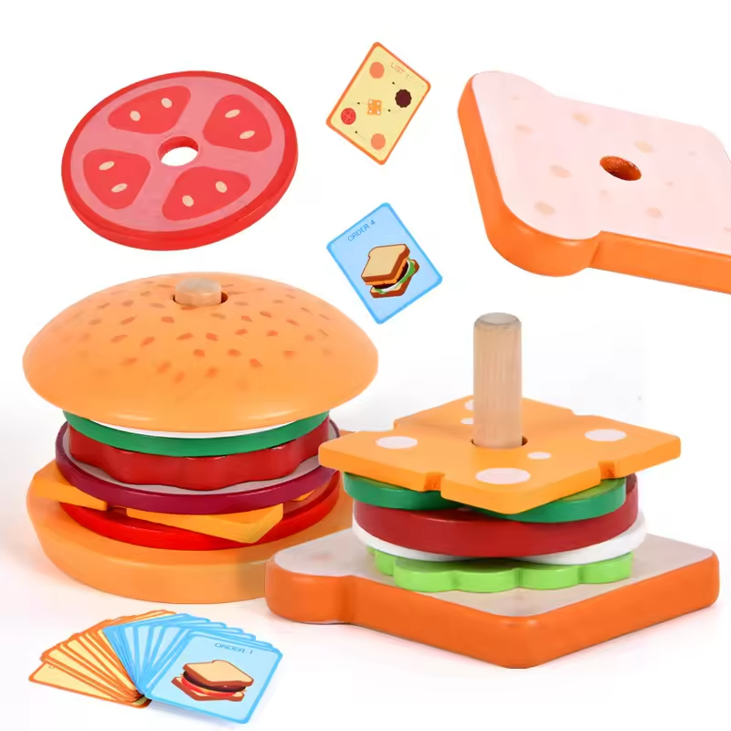 Juguetes de apilamiento de hamburguesas de madera Montessori para niños pequeños y niños, juguetes educativos para preescolar, juguete para habilidades motoras finas