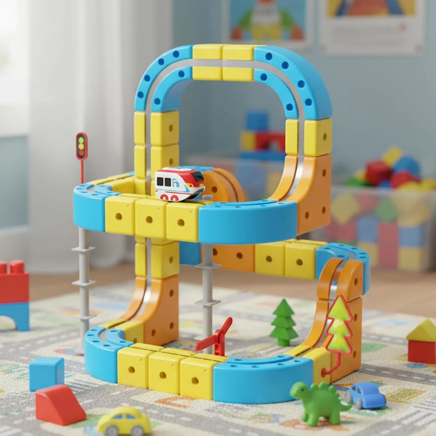Juego de tren eléctrico con 3D pistas de carreras flexibles mágicas para niños, pista de carrera antigravedad con bloques de cubos de railes, juguete de aprendizaje STEM (96PCS) juguetes de América y Rusia