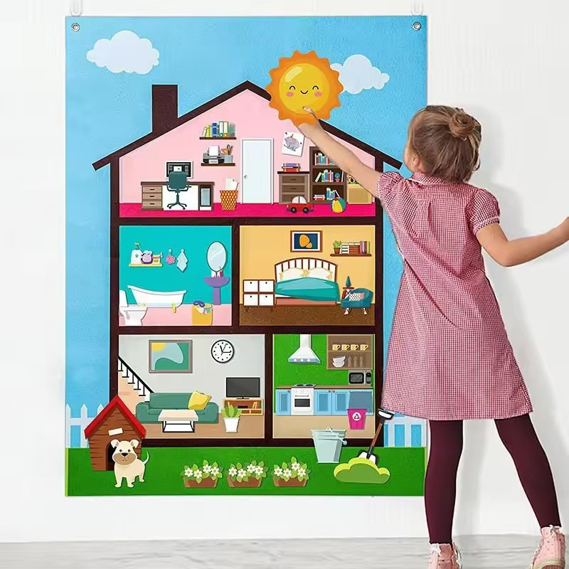 Conjunto de tablero de fieltro interactivo de aprendizaje temprano amigable para preescolares, juguetes educativos de animales de granja en el establo