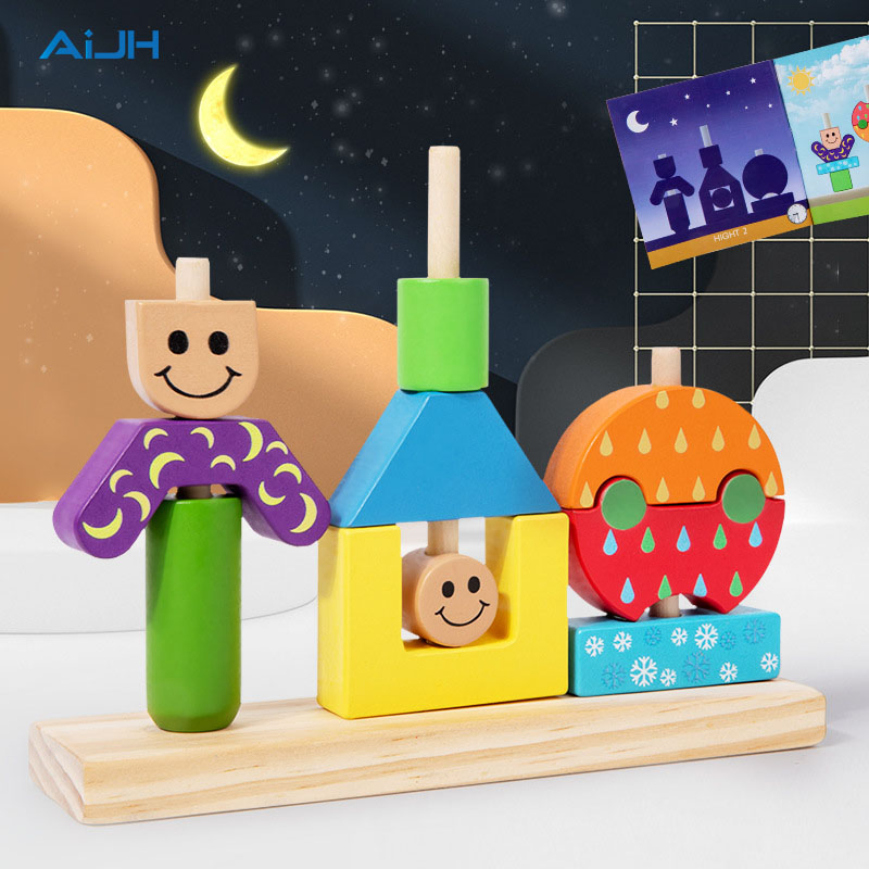 Juguete Educativo AiJH para Preescolar Día y Noche 3D Rompecabezas Material Seguro Bloques de Madera Juguete de Aprendizaje Regalo para Niños Cumpleaños