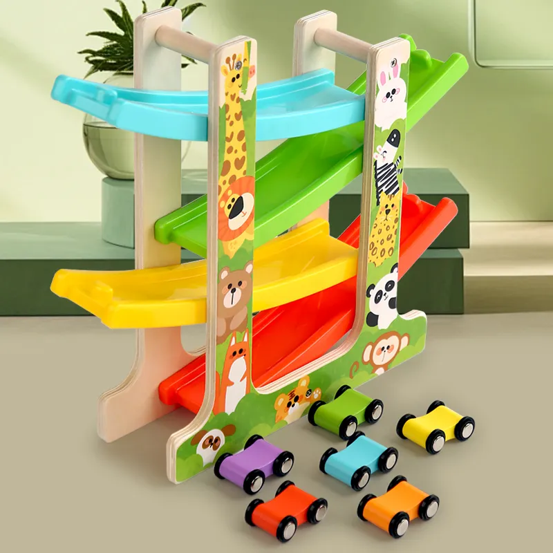 Pista de carreras deslizante de madera Montessori 3