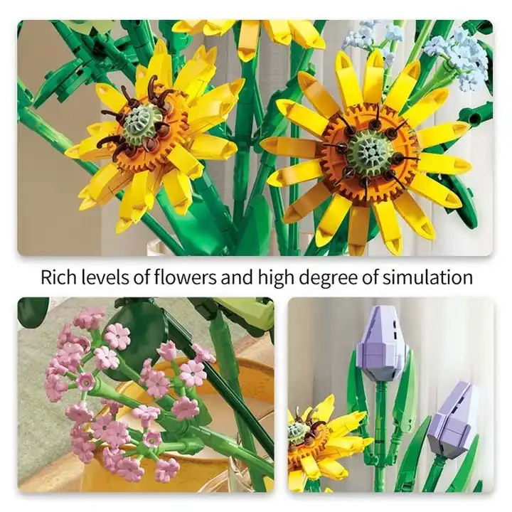 Juguete educativo de simulación creativa Bloques florales Juguetes de construcción de girasoles Adorno de ramo 3D Juguete de ensamblaje de flores DIY Regalo para niñas Juguetes