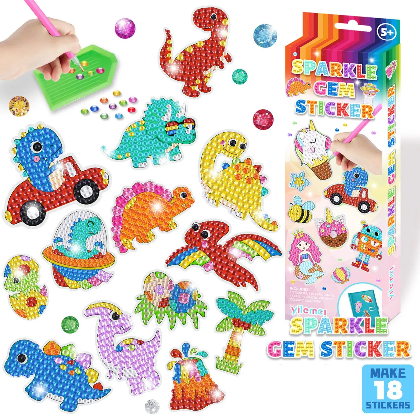Kits de arte de gemas brillantes de unicornio para hacer tú mismo, conjunto de pintura de diamantes de dinosaurio, set de pegatinas para niños