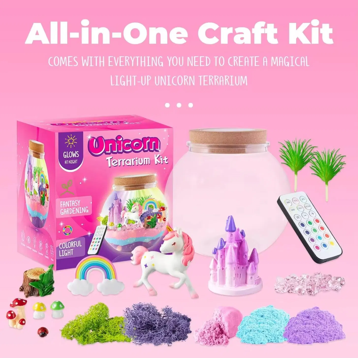 Kit de terrario de unicornio con luz LED multicolor para manualidades y juguetes nocturnos DIY para niños