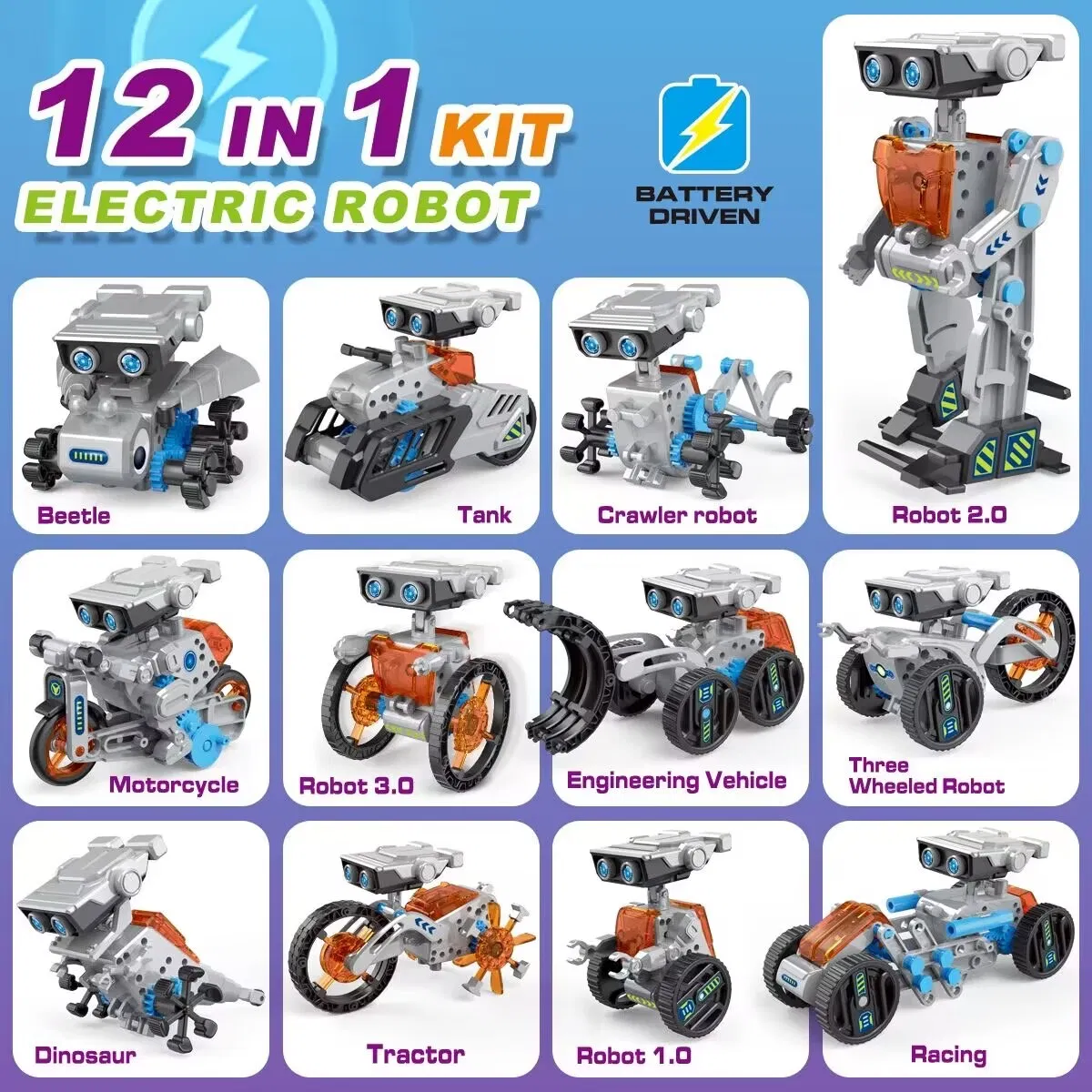 12 en 1 Juguete de STEM Robot Eléctrico Experimento Científico DIY Kit de Construcción Educativo Herramientas Tecnológicas para Niños con Cargador USB