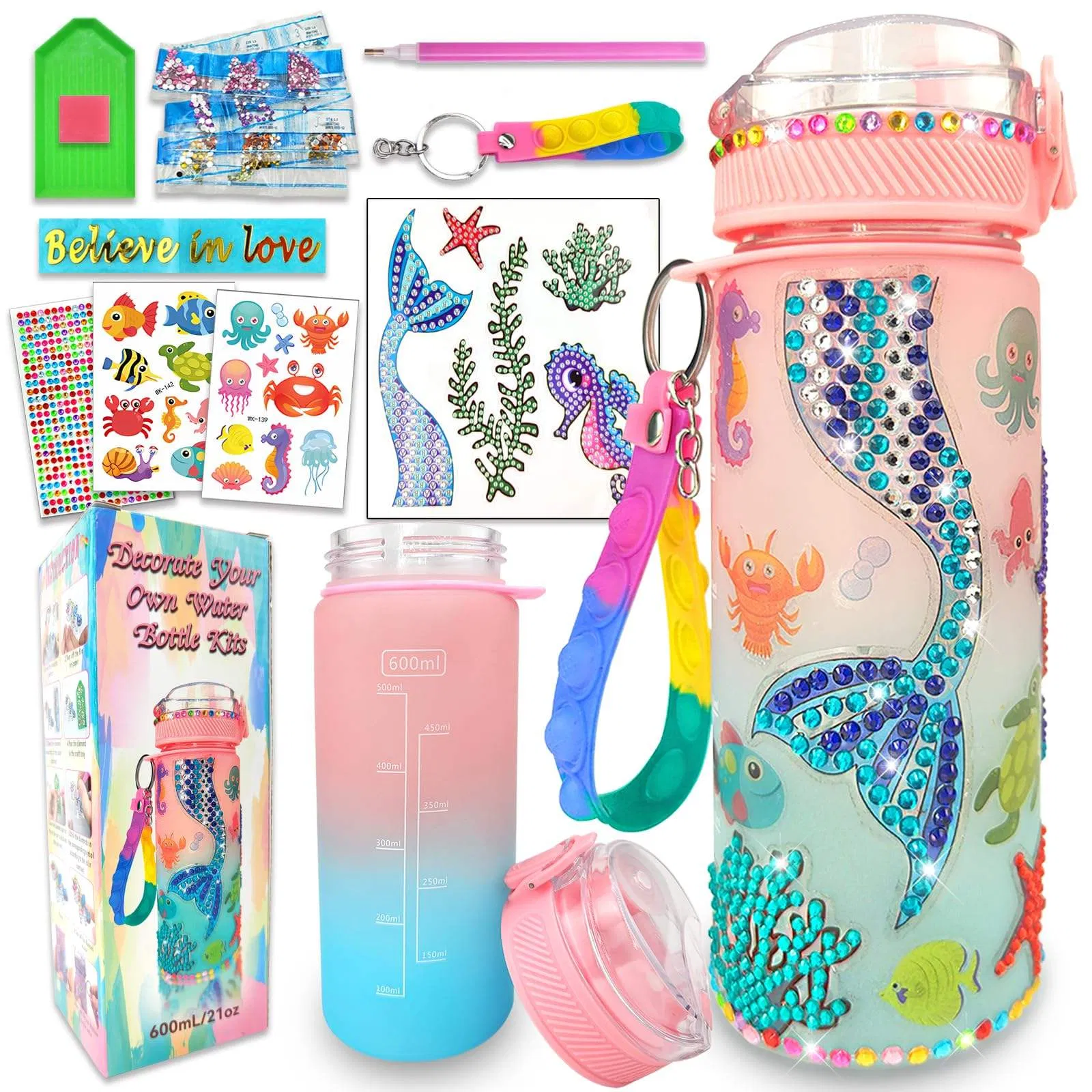 Kits de Decoración de Botellas de Agua para Pintar Sirenas con Gemas, Manualidades Divertidas y Regalos de Artes y Manualidades para Niñas en Cumpleaños