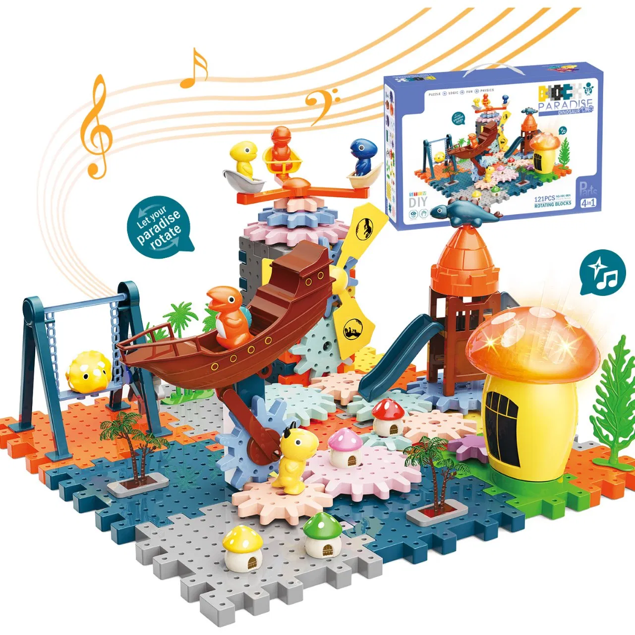Juguetes de engranajes giratorios motorizados para el aprendizaje de los niños 121 PCS juguetes de dinosaurios eléctricos de construcción con bloques