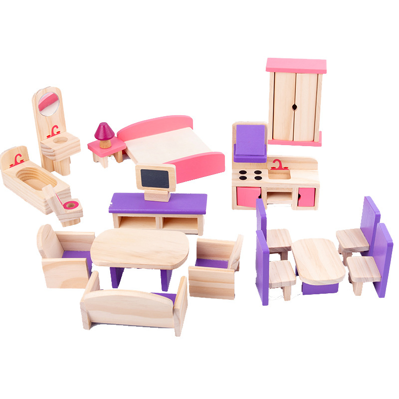Muebles de casa de muñecas de madera, comedor, sala de pasatiempos, juguetes educativos para preescolar