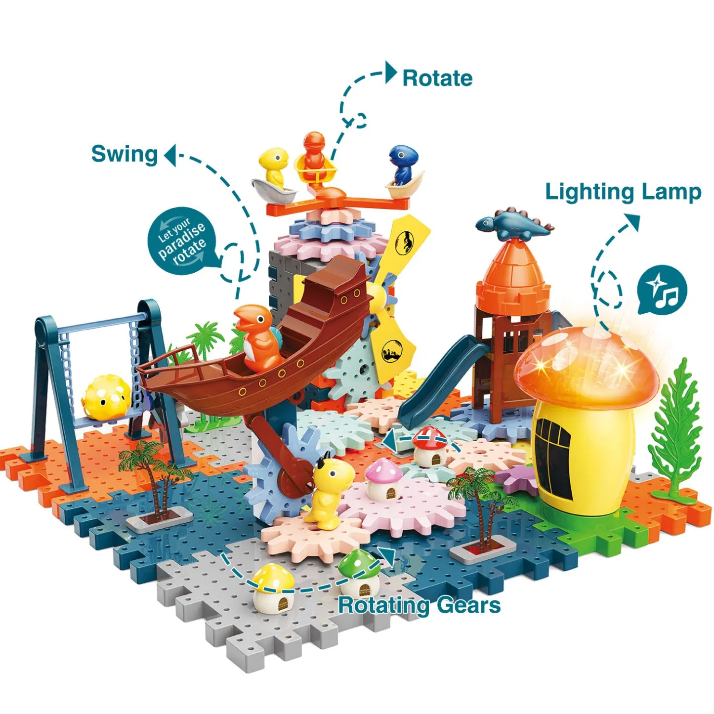 Juguetes de engranajes giratorios motorizados para el aprendizaje de los niños 121 PCS juguetes de dinosaurios eléctricos de construcción con bloques