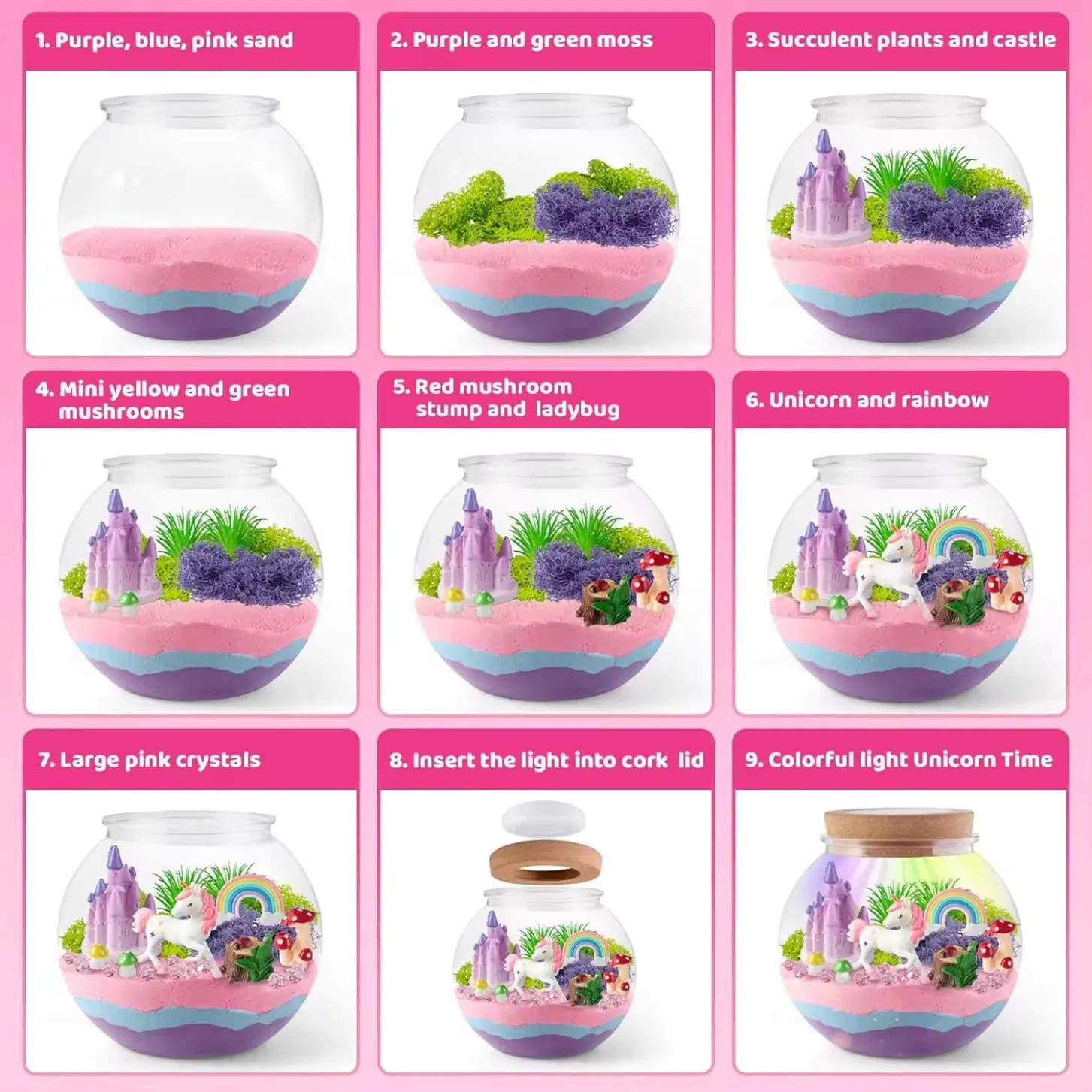 Kit de terrario de unicornio con luz LED multicolor para manualidades y juguetes nocturnos DIY para niños