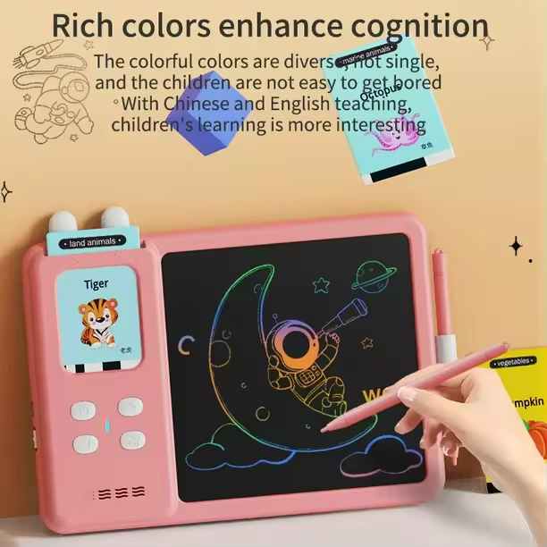 2 en 1 Tarjetas Electrónicas de Inglés Educativo, Pizarra LCD para Escribir y Dibujar, Juguetes de Aprendizaje Temprano