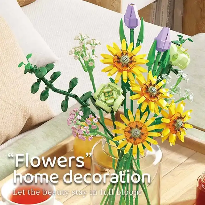 Juguete educativo de simulación creativa Bloques florales Juguetes de construcción de girasoles Adorno de ramo 3D Juguete de ensamblaje de flores DIY Regalo para niñas Juguetes