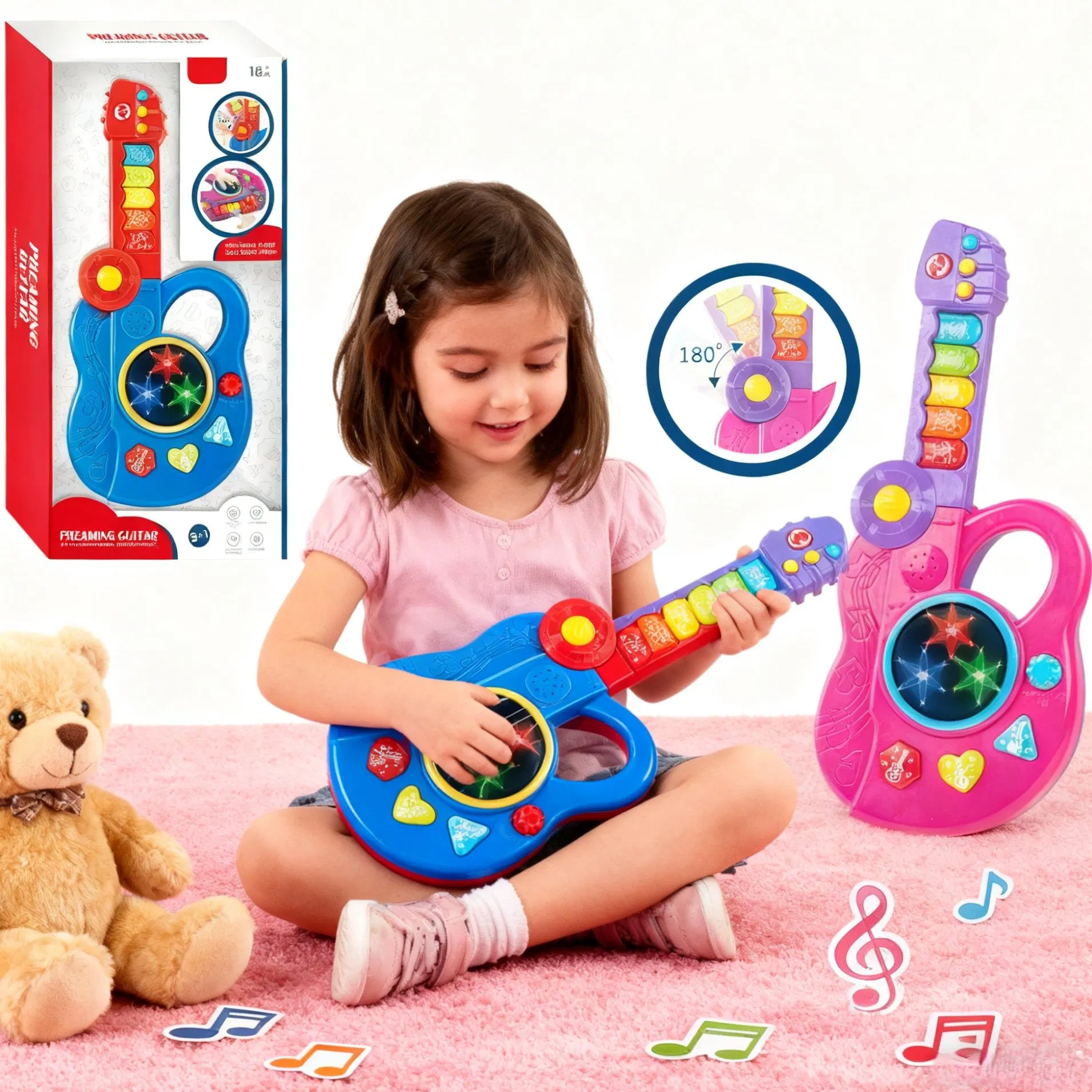 Juguete de guitarra musical infantil al por mayor, educativo y de aprendizaje temprano, teclado electrónico jugable, adecuado para niños y niñas, estilo de dibujos animados