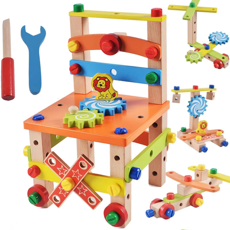 Silla de Madera Educativa al por Mayor para Niños 5-7 Años Juguete de Herramientas de Tornillos de Tuerca para Jugar a Armar