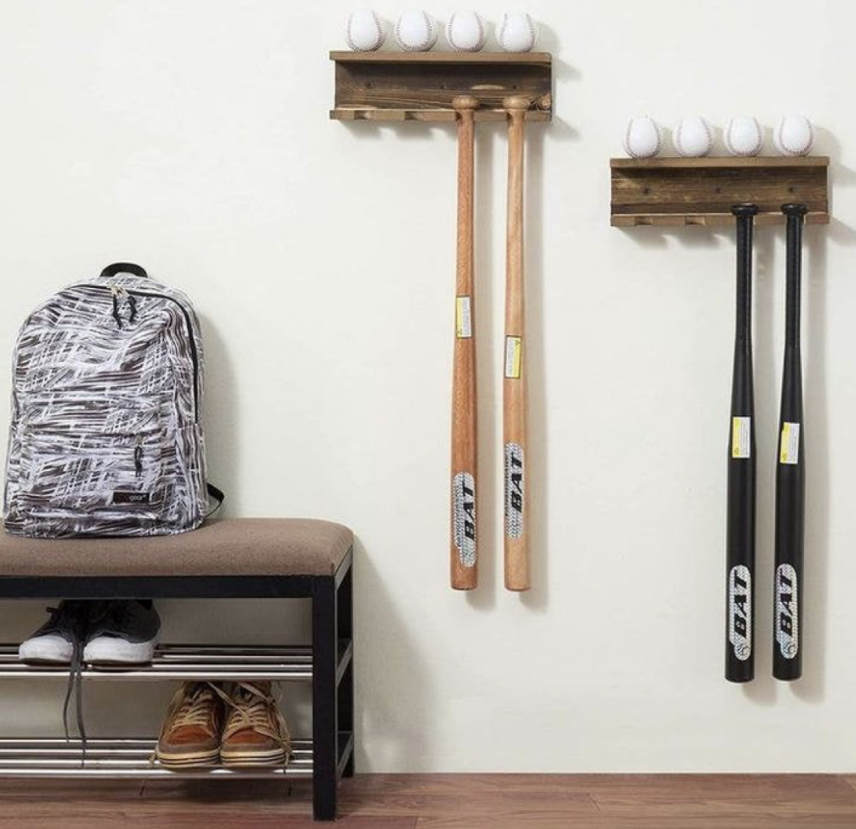 OEM Burnt Wood Wall Mounted Sports Rack Baseball Bat Rack and Ball Storage Shelf Supplier, Suppliers