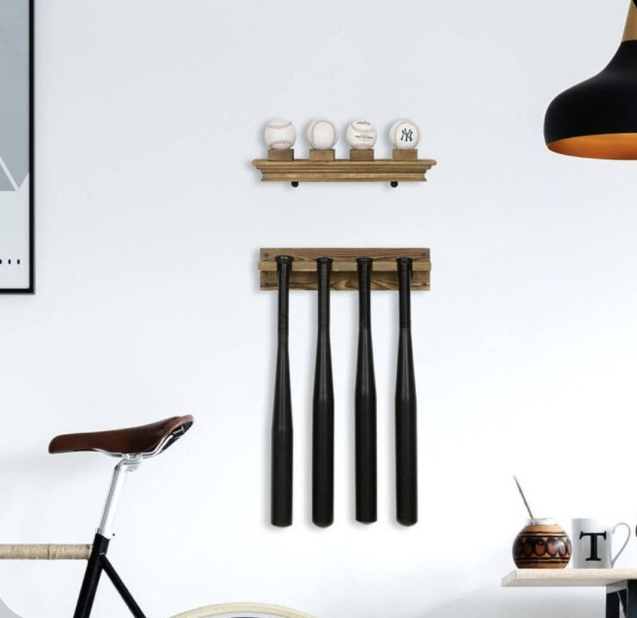 Custom Showcase and store your baseball equipment collections,or memorabilia with this 6-piece baseball storage Burnt Wood Baseball Gear Rack, Baseball Bat Display and Memorabilia Shelf Pricelist, Product