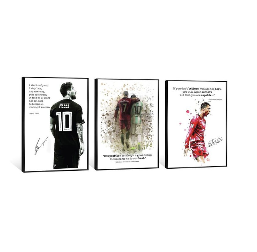 Famous Football Superstar Messi, Ronaldor, Naymar And Mbape Poster Black Frame Prints Wall Decor Bedroom for Living Room Sport Room Gift for Fan Football Size 12x18 INCH 