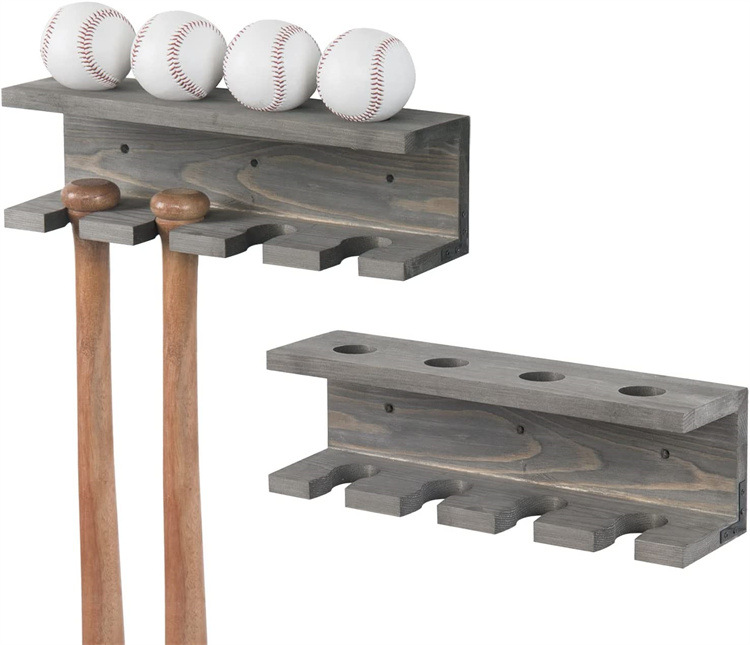 OEM Burnt Wood Wall Mounted Sports Rack Baseball Bat Rack and Ball Storage Shelf Supplier, Suppliers