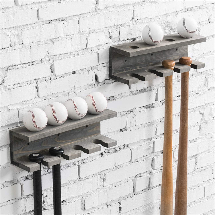 OEM Burnt Wood Wall Mounted Sports Rack Baseball Bat Rack and Ball Storage Shelf Supplier, Suppliers