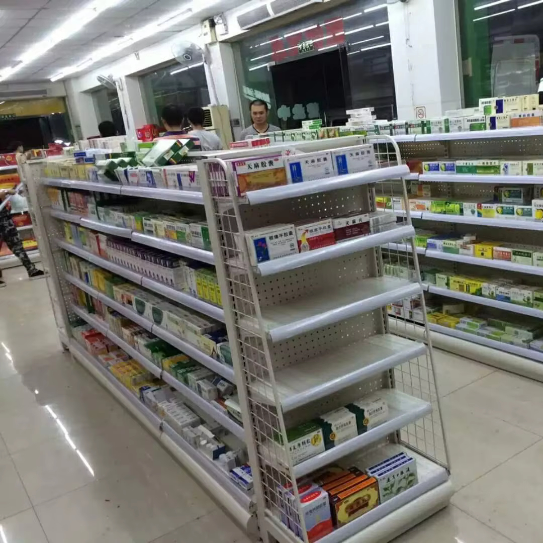 Supermarket Snack Shelves Double-Sided Display Stands for Convenience Store Light Duty Metal and Plastic with Wood Accents