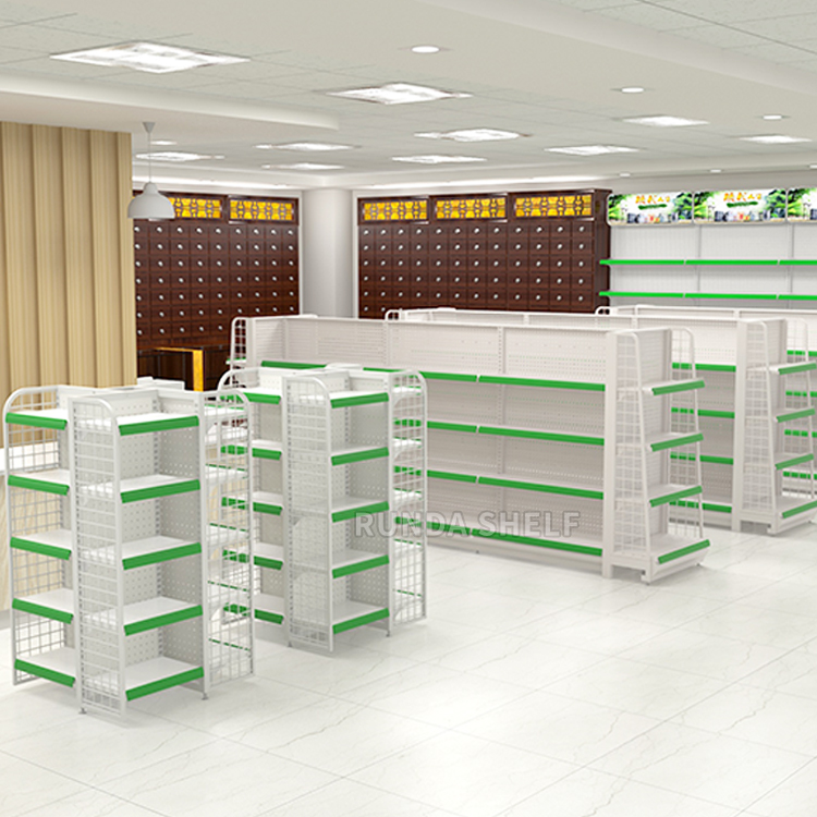 Supermarket Shelves Gondola Pharmacy Store Metal Runda Shelf RZ Display Stand Double-Sided Light Duty with Excellent Lighting