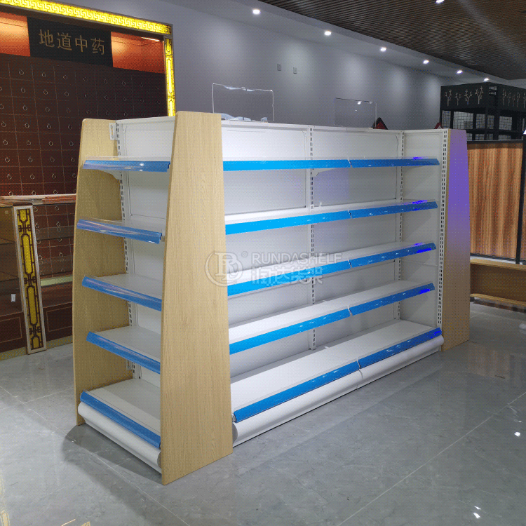 Double-Sided Pharmacy Shelves with Drawers Light Duty Metallic Customizable Supermarket Display Estanterias for Farmacias