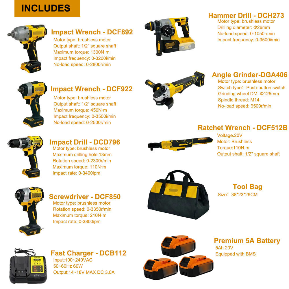 Hot Sale OEM Customization DeW 12-in-1 Walt Electric Tools Kit Herramientas Grinder Wrench Hammer Drill With Batteries Tools Set
