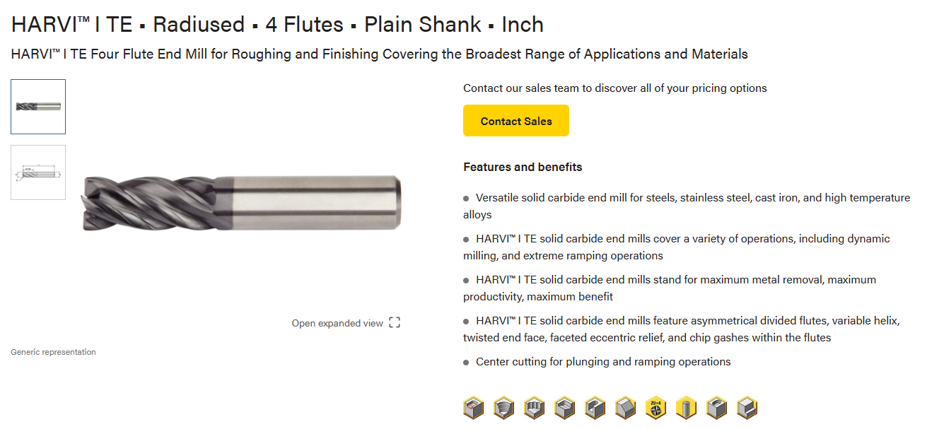Kennametal HARVI I TE Solid Carbide 4 Flute Radiused End Mill for Dynamic Milling Steel Stainless Steel Titanium Alloy Machining