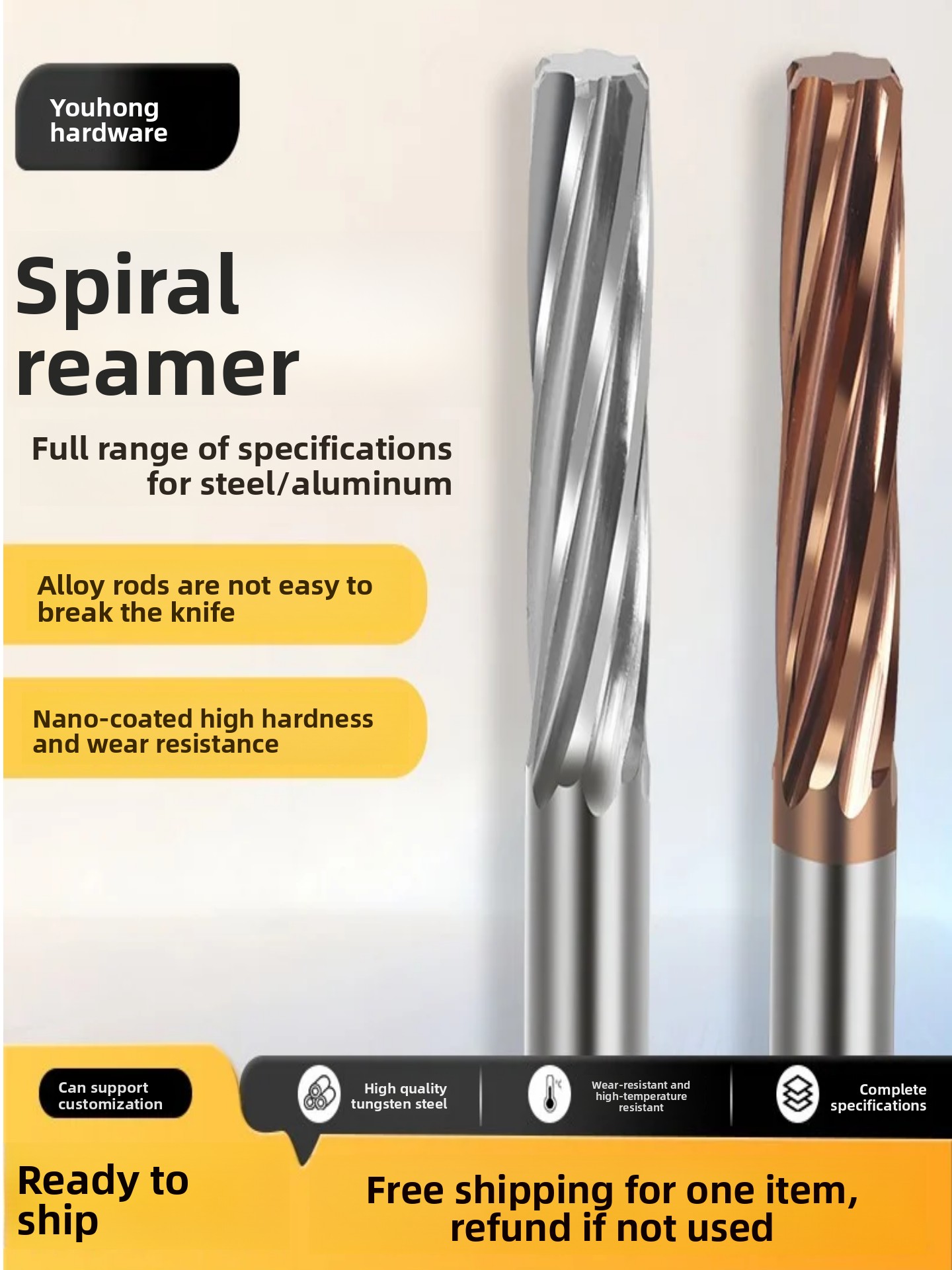 Tungsten Steel Cemented Carbide Spiral Reamer H7 Tolerance High Precision Nanoscale