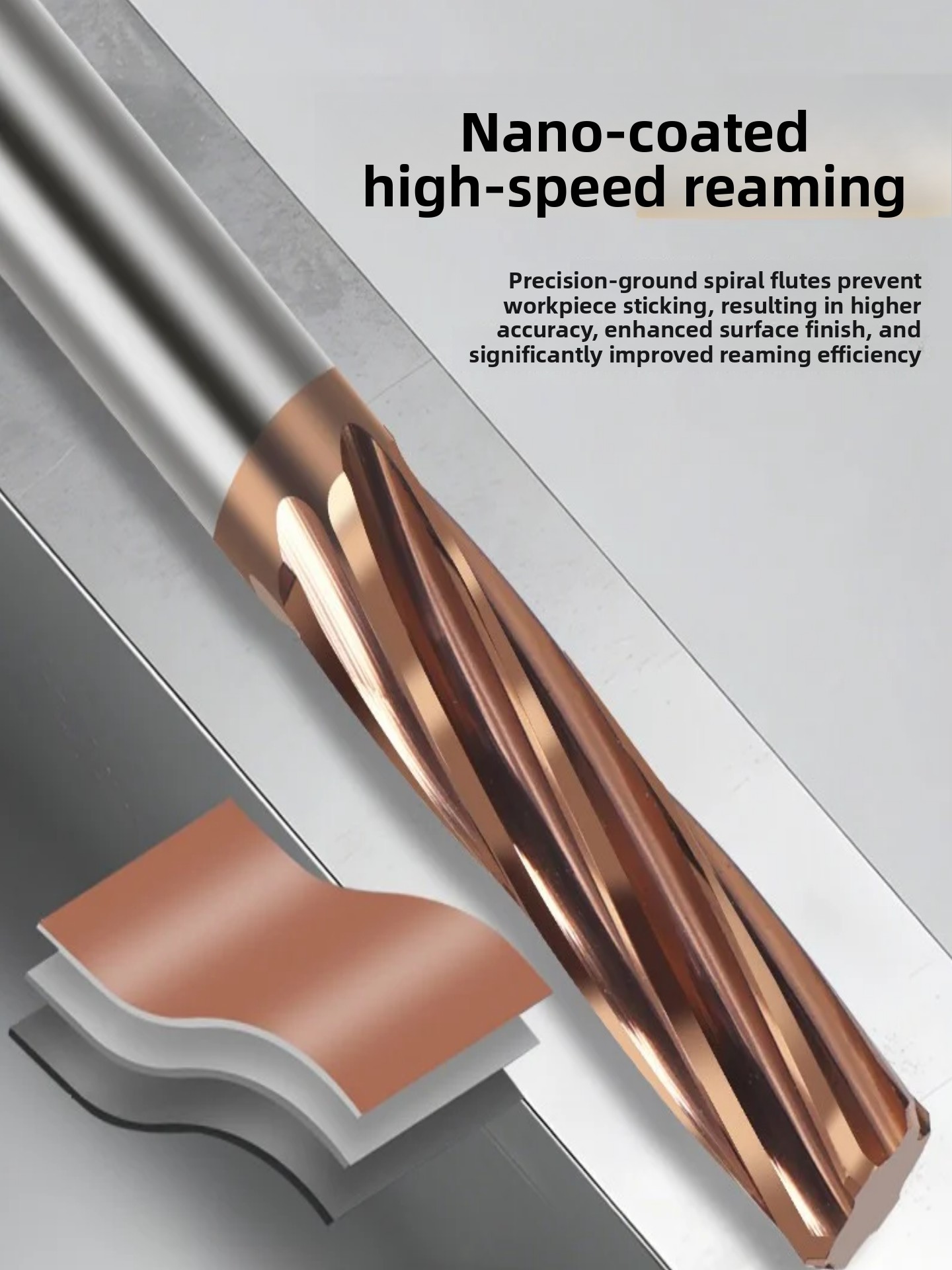 Tungsten Steel Cemented Carbide Spiral Reamer H7 Tolerance High Precision Nanoscale