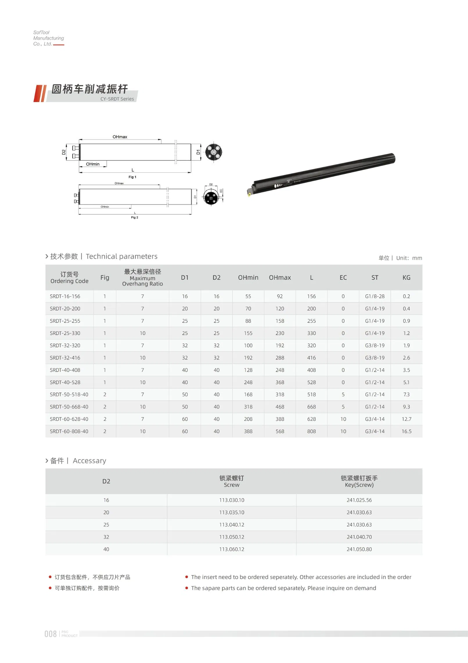 Anti-Vibration Boring Bar Specifications Table
