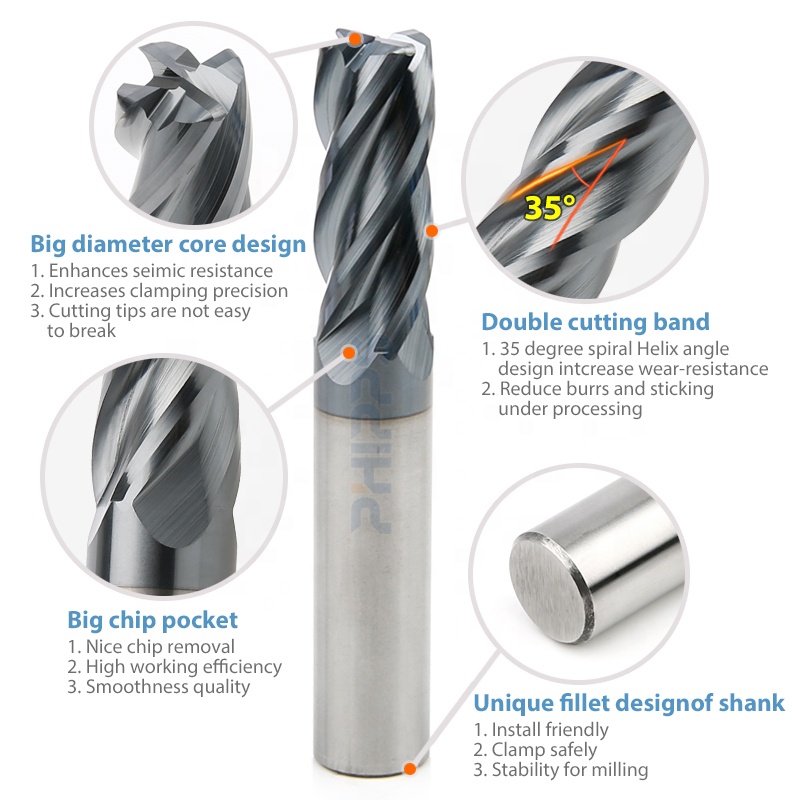 HRC45 4mm Solid Carbide High Feed Cnc Long Flute 4 Flutes Round Corner Radius square End Mill Flat Milling Cutter