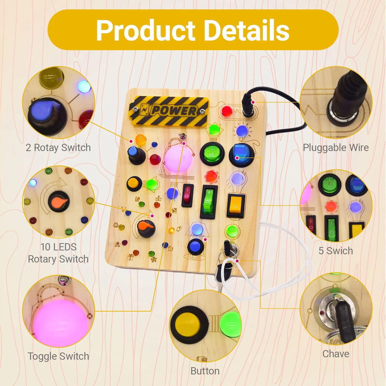 Montessori Busy Board Wood Electronic LED Light Switch Toy for Toddlers