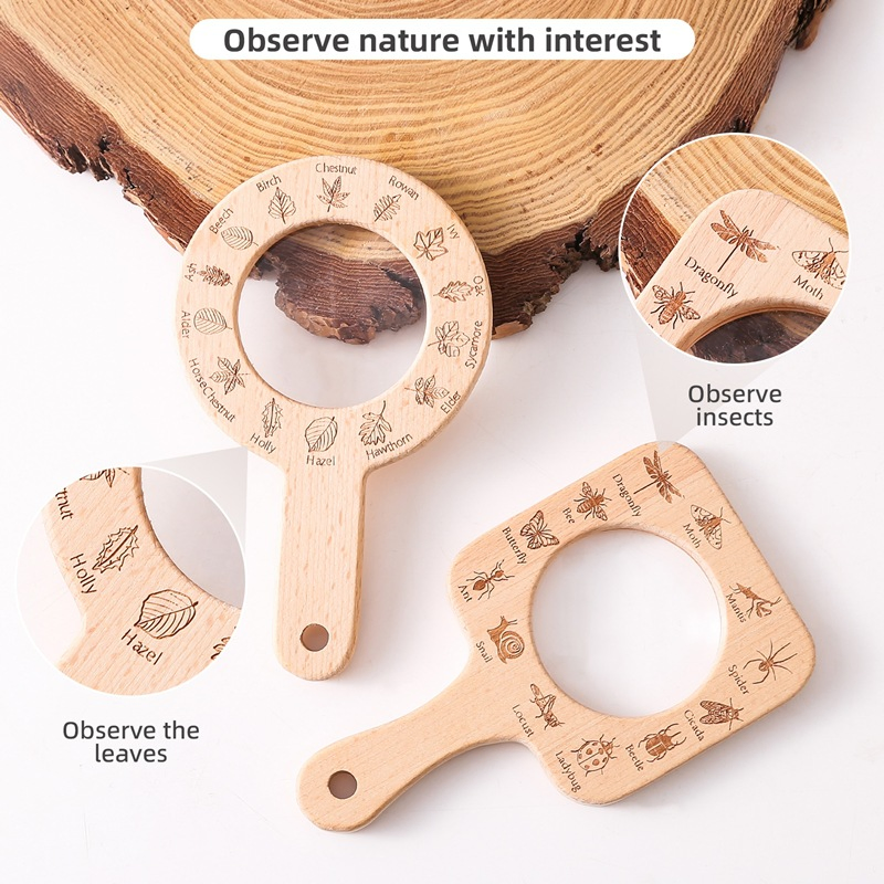 Wooden Educational Toys Magnifying Glass for Kids Montessori Explorer Tool for Outdoor Science Learning