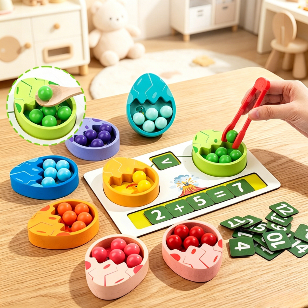 Montessori Eco-friendly Fine Motor Sorting Set Wooden Dinosaur Egg Counting &amp; Math Toy with Tweezers &amp; Beads for Toddlers