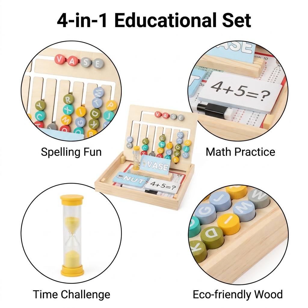 Wooden Spelling Math Learning Kit Alphabet Letter Slide Board Sight Cards Game Montessori Educational Toy for Toddlers Kids