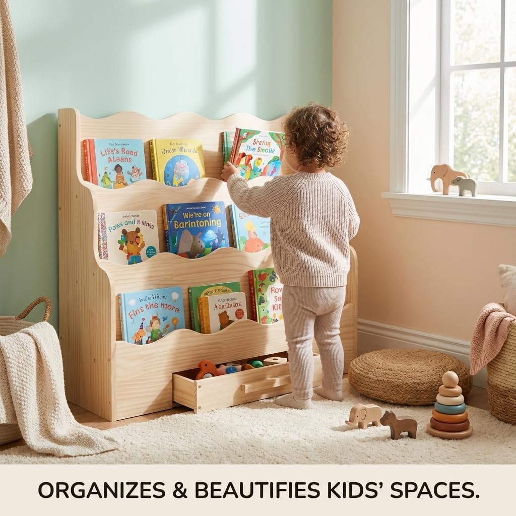 FIKSG 3-Tier Montessori Scalloped Kids Bookshelf 29.6" Wide Natural Wood Floor Mount Book Display Organizer Playroom Nursery