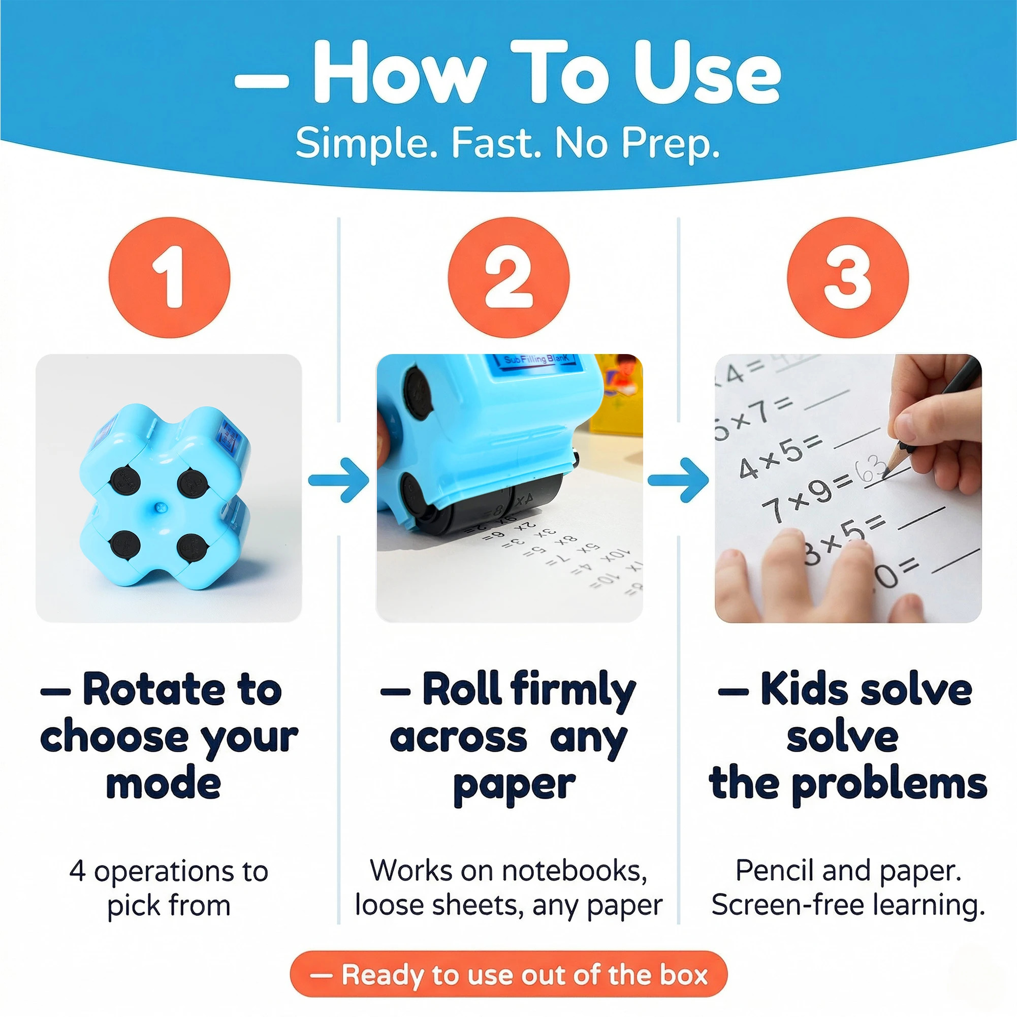 Math Teacher 4-in-1 Roller Stamp GoldenEgg Addition Subtraction Multiplication Fill-in-The-Blank Practice Ages 4-10 Non-Toxic
