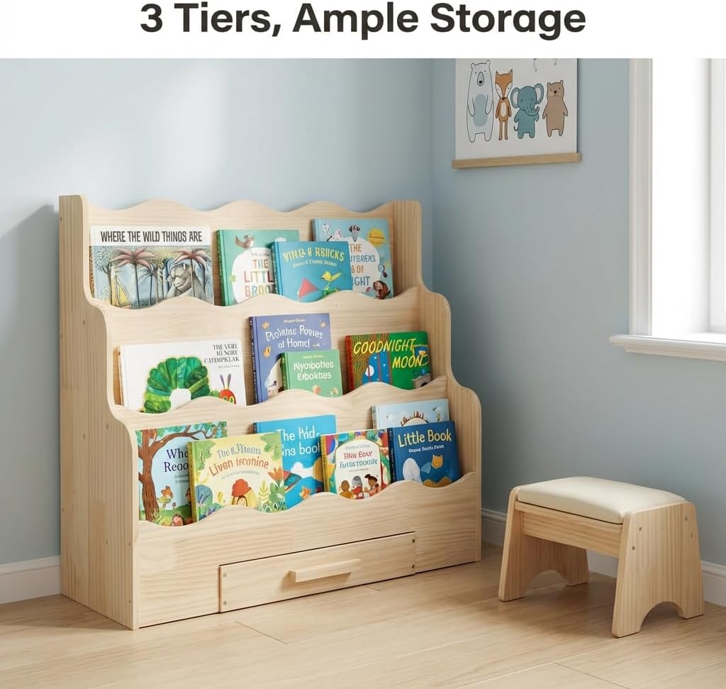 FIKSG 3-Tier Montessori Scalloped Kids Bookshelf 29.6" Wide Natural Wood Floor Mount Book Display Organizer Playroom Nursery