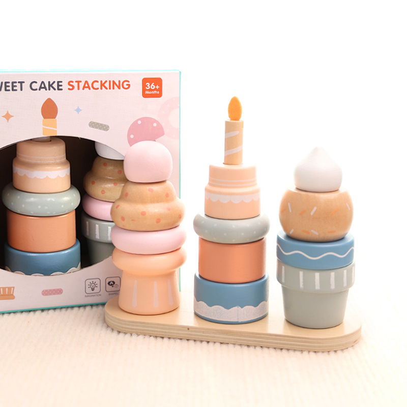 Qiaike Baby Montessori Wooden Sweet Cake Stacking Toy Pretend Play Dessert Set Diy Educational Building Blocks Wooden Toy OEM CE
